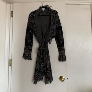 L/S Long 100% Wool Sweater with Tie with Fringe Neck and Sleeves